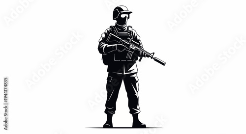 Silhouette of a Soldier in Full Combat Gear Holding an Assault Rifle on White Background