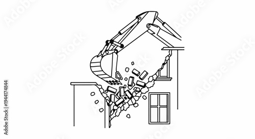 Excavator demolishing a building, raining debris and bricks
