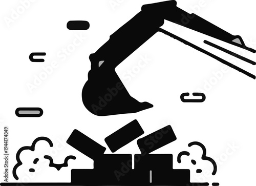 Excavator demolishing building structure, creating dust and debris