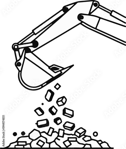 Excavator arm dumps stones and debris