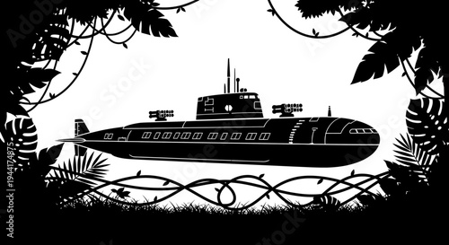 Silhouette of a Submarine Navigating Through Dense Jungle Foliage