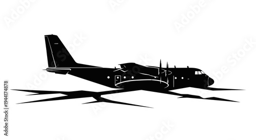 Silhouette of a turboprop aircraft on a cracked ground, military transport plane