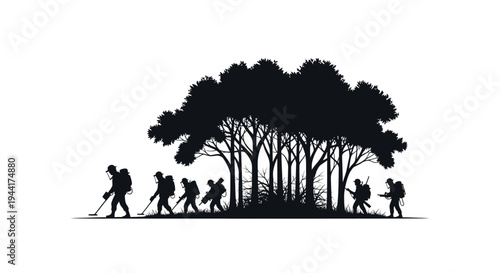 Silhouette of hikers with backpacks walking through a forest with large trees