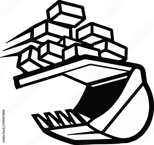 Excavator bucket filled with building blocks