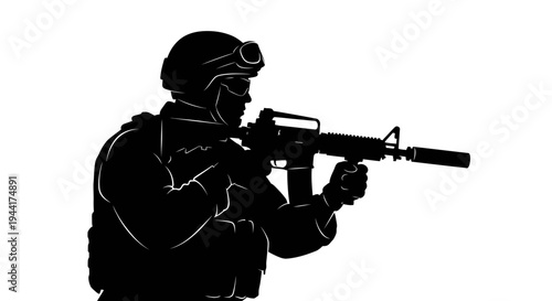 Silhouette of Soldier Aiming Rifle, Military Action, Tactical Gear, Combat Ready