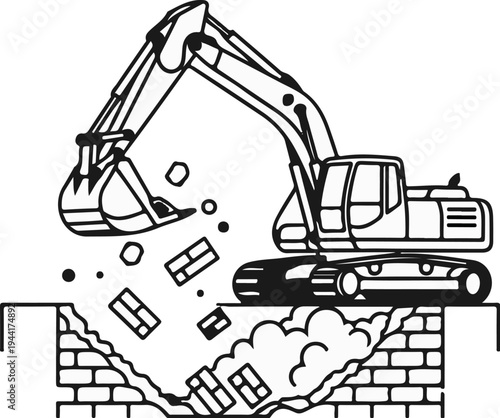 Excavator demolishes brick wall, breaking it apart into rubble and dust
