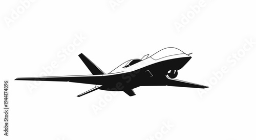 Silhouette of a stealth drone aircraft in flight against a white background.