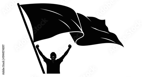 Silhouette of Person Holding Black Flag Waving in Wind, Symbolizing Protest or Revolution