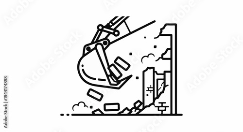 Excavator bucket demolishing a brick structure and scattering debris