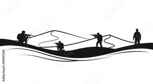 Silhouette Soldiers in Desert Landscape with Rifles, Military Operation, Desert Warfare