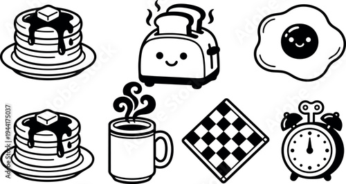Cute kawaii style smiling coffee cup steaming pancakes syrup and butter fried egg toaster and alarm clock black and white vector