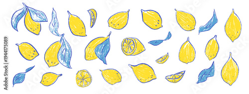 Hand-drawn lemon collection vintage crayon. Mediterranean citrus fruit set with Italian Amalfi coast vibes, perfect for summer designs and prints. Vector lemons scribble hand drawn isolated no bg.