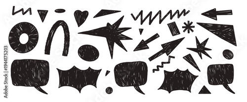 Charcoal geometric shapes with speech bubbles. Black marker naive bang and promo text boxes. Hand drawn abstract elements with textured brush strokes. Childish vector doodle figures isolated no bg.