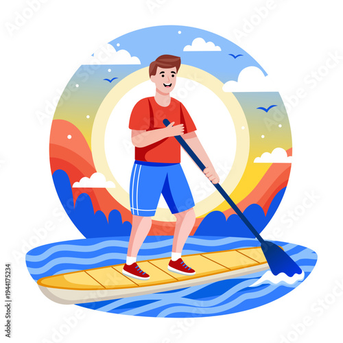 Flat style illustration depicting paddleboarding activity