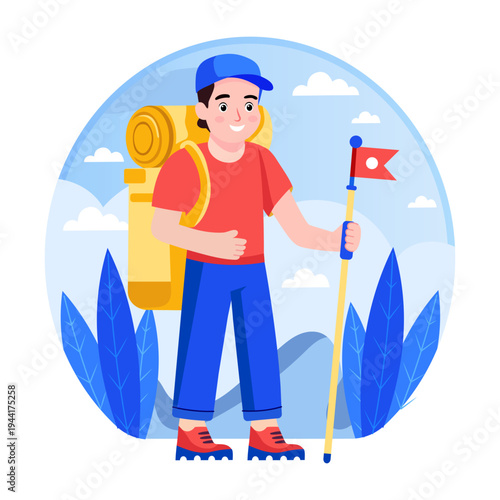 Flat style illustration showing a trekker