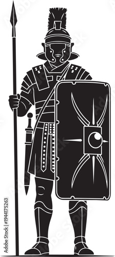 Roman soldier standing guard with spear and shield, historical illustration of ancient military strength and discipline