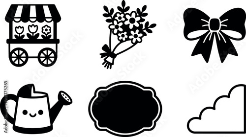 Black silhouette floral cart bouquet ribbon label watering can and garden design elements vector icons set