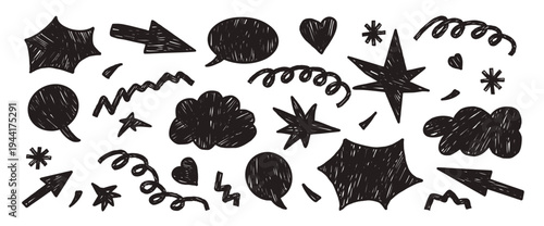 Hand-drawn linocut speech bubbles, clouds, bang. Charcoal doodle dialogue callouts. Freeform black scribble figures. Arrow, stars, cloud, text box, heart. Vector abstract geometric illustration no bg.