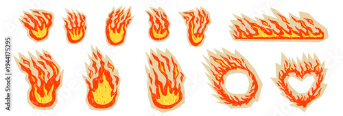 Flame doodles in crayon chalk, hand-sketched fire with grunge textures. Retro promo sticker graphics and rough brush strokes for creative project. Vector bonfire and hot sale frames, borders isolated.