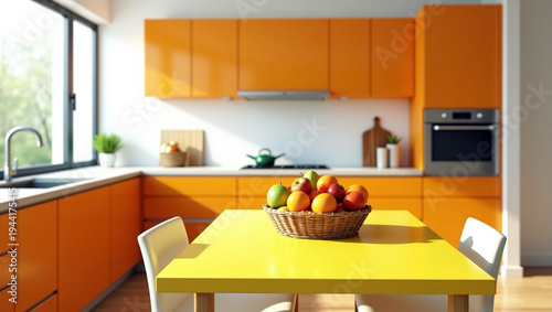Vibrant orange kitchen with yellow table and fresh fruit basket on countertop near sunny window