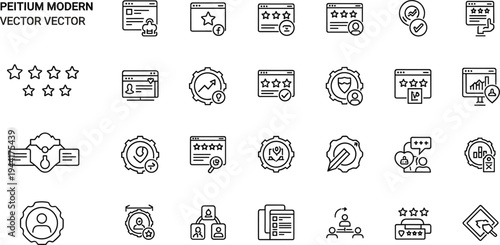 Customer review and rating system line icon set featuring feedback stars testimonials reputation management and user evaluation tools