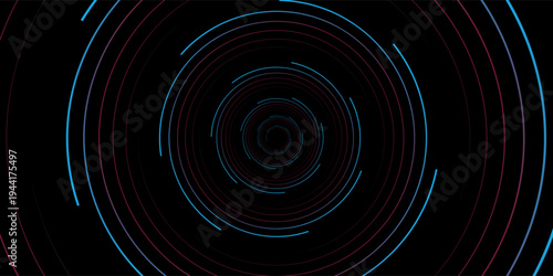 3D red black dynamic techno background on dark space. Tech banner with rotating circles style decoration. Modern graphic design element