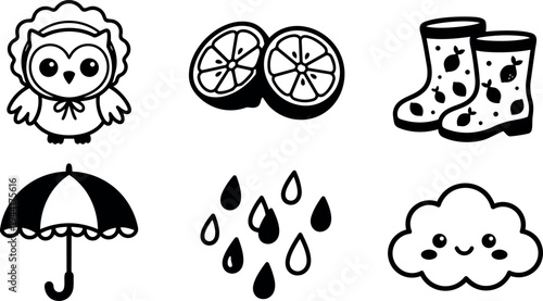 Cute smiling owl wearing bonnet citrus fruit slices rain boots umbrella raindrops and happy cloud vector line art collection