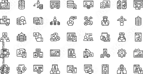 Corporate business management and workflow line icon set with analytics reports team collaboration CRM finance and office operations tools