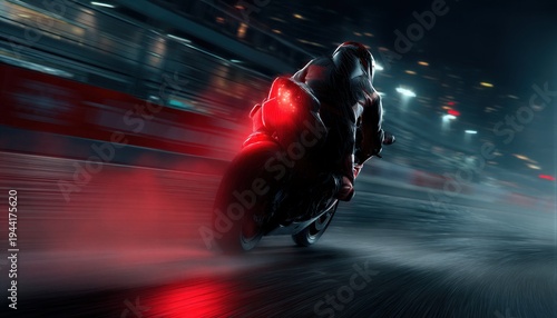 Una motocicleta deportiva se desliza a gran velocidad por una carretera mojada bajo la lluvia, con luces de neón borrosas al fondo.