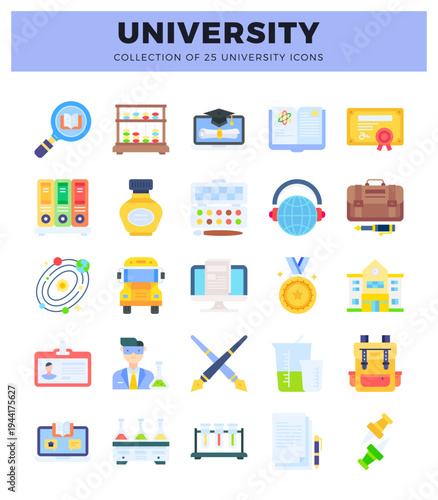 Flat university icons for education. learning. and research with digital tools