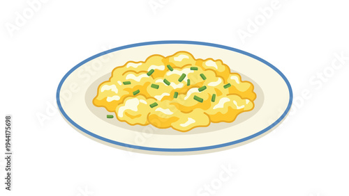 Cartoon illustration of a plate of scrambled eggs with herbs. Simple flat food graphic isolated on white background