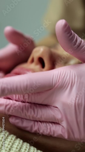 Vertical macro shot of a cosmetologist's hands in pink gloves performing a facial massage or skin preparation for a patient in a beauty clinic