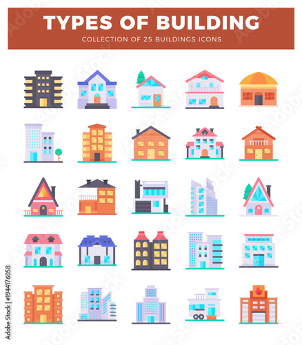 Collection of flat building icons illustrating various architectural styles for urban or residential use