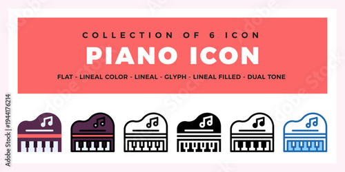 Collection of 6 Piano Icons. Flat. Lineal. Glyph Styles