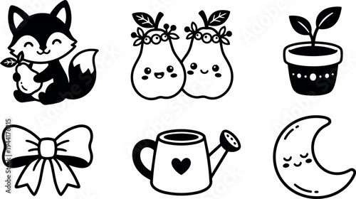 Cute fox holding pear and smiling next to happy twin pears cartoon with sprout plant pot bow and watering can vector icons