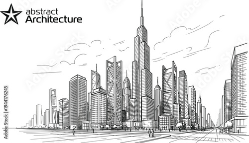 Wide-angle architectural sketch of a modern city skyline featuring a central super-tall skyscraper and diverse metropolitan towers under a stylized sky.
