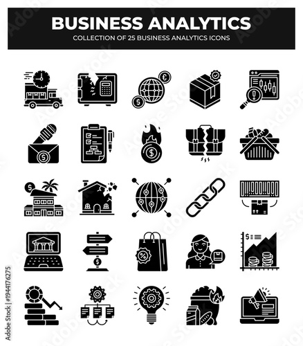 Collection of 25 Business Analytics Icons: Data Analysis. Financial. Marketing. and More