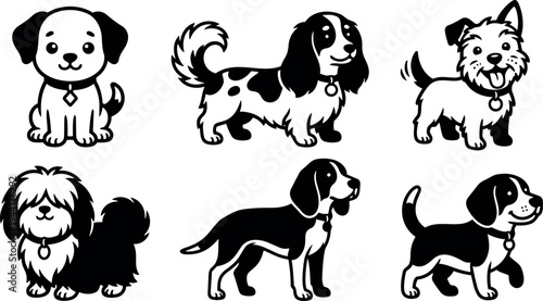 Black and white vector art of six different small and medium friendly dogs sitting and standing looking happy playful animals