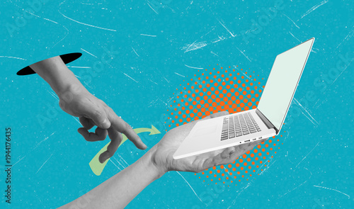 Hand reaches out towards laptop in colorful art collage showing technology and interaction