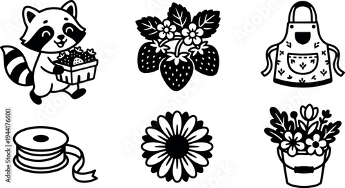 Cute raccoon holding strawberry basket with apron spool daisy flower bucket garden vector set