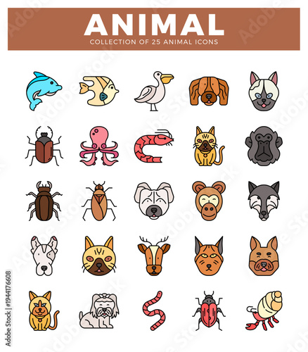 Collection of stylized animal icons in a grid formation. white background.