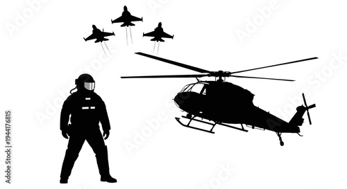Pilot, Helicopter, and Fighter Jets Silhouette: Aviation and Military Power
