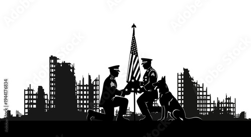 Police Officer and K9 Raising Flag in Ruined City Silhouette