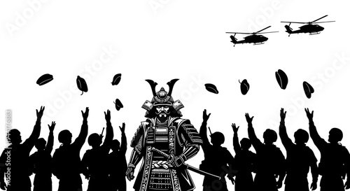 Samurai Warrior Amidst Modern Helicopters and Crowd, Symbolizing Tradition vs. Technology