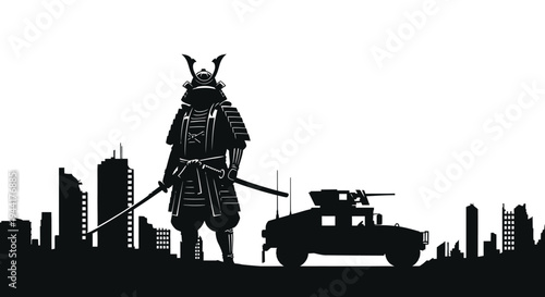 Samurai Warrior and Military Vehicle Silhouette in Futuristic Cityscape