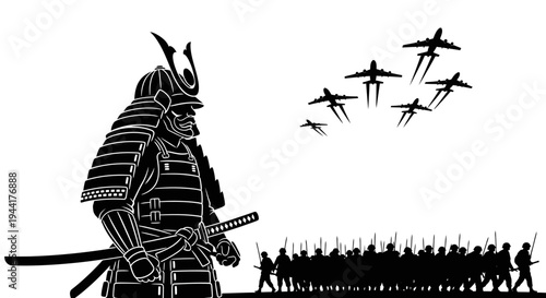 Samurai Warrior Facing Modern Airplanes and Army
