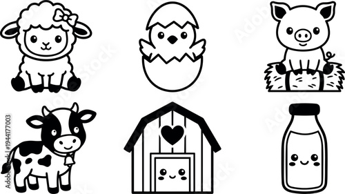 Cute cartoon style farm animals including smiling lamb piglet cow with barn and happy milk bottle vector icons
