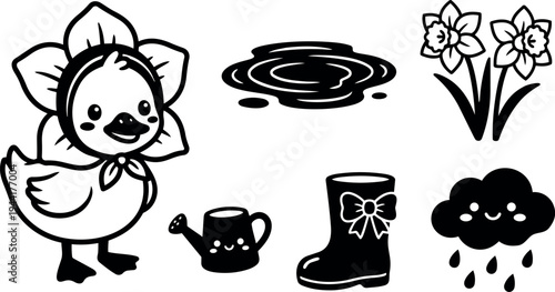 Cute vector art of smiling duckling with flower bonnet puddle watering can rubber boots daffodil flowers and happy rain cloud set