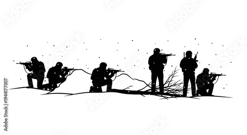 Silhouette Soldiers in Formation, Ready for Action, Military Operation, Tactical Team