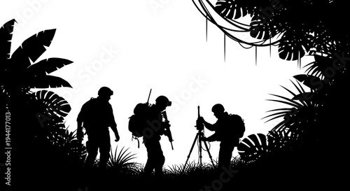 Silhouettes of Soldiers Exploring Jungle with Backpacks and Equipment